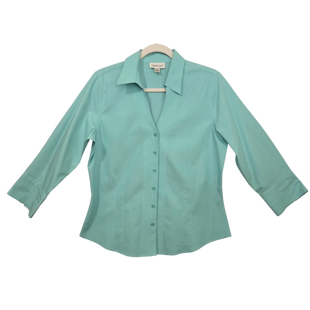 Coldwater Creek Classic Chic Aqua Blue 3/4 Sleeve Button Front Blouse‎ Top PM